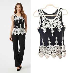 Juliette Scalloped Embroidered Lace Top Women's Size S Black White Sleeveless